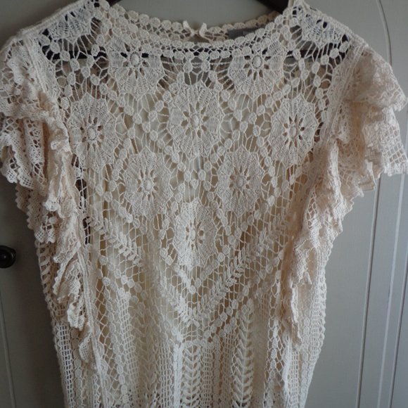 NWT Anthropologie Blue Tassel Ruffled Crocheted Lined Top Blouse S Cream Cotton